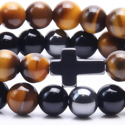 Cross Bracelet for Men - Black Obsidian Hematite Tiger Eye Triple Protection Bracelet Set 8MM Stretch Beaded Bracelets Faith Jewelry Gift for Men Boyfriend Husband Son