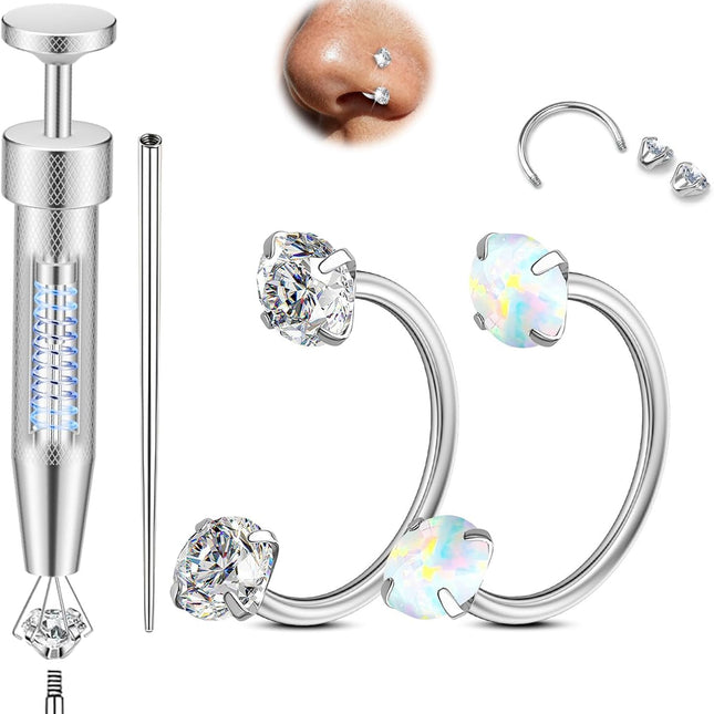20G Silver Horseshoe Nose Ring Hoops Set with CZ Opal Tips
