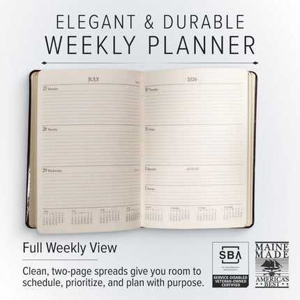 Gallery Leather Desk Weekly Monthly Planner 2025-2026, Elegantly Bound Calendar Planner and Notebook with Stylish Gold-Gilded Page Edges, 12 Months - Acadia Plum - 8 x 5.5 "