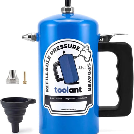 32oz Refillable Pressurized Sprayer, Steel Canister, Rust-Resistant Lining, Needle Valve Leak-Resistant, 1.0/0.6mm Nozzles, Funnel Included, 200 PSI Max, for Brake Cleaner & Solvents, Blue