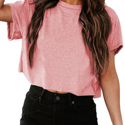 Camisetas cortas de manga corta para mujer, cuello redondo, top básico de verano