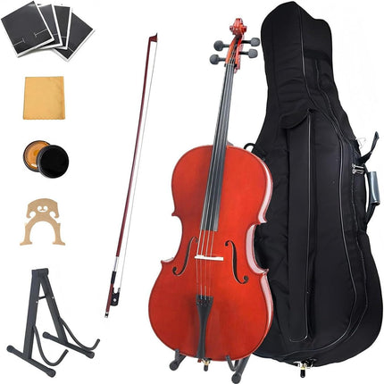 4/4 Full Size Acoustic Cello Kit for Adults, Students & Beginners - with Portable Bag, Bow, Rosin, Stand, Bridge (Red)