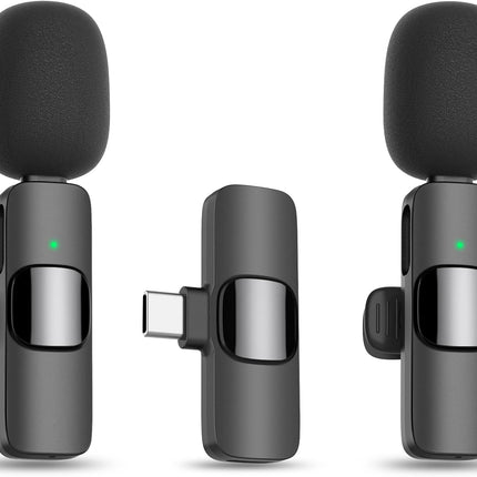 MAYBESTA Wireless Lavalier Lapel Microphone for iPhone Android - Bluetooth Mini Phone Microphones for Video Recording - 2 Clip on Mics with USB C Interface for Tiktok YouTube Vlog(Dark Black)