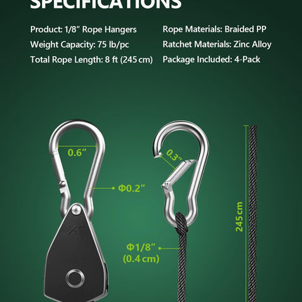 4-Pack 1/8" Rope Hanger, Ratchet Tie Down Strap