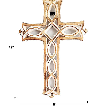 Thanksgivning Gifts Wooden Wall Cross Plaque with Hand Carvings | Religious Altar Home & Living Room Decor | Whitewash Wood Wall Cross 12 x 8 Inch