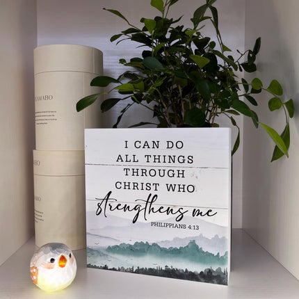 Christian Wood Signs, Bible Verse Philippians 4:13 - I Can Do All Things Through Christ Who Strengthens Me, Box Sign Decor Tabletop, Inspirational Home Desk Decor, Motivational Gift for Friends Family