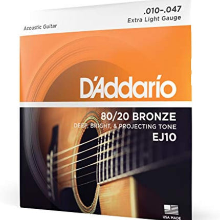 D'Addario Acoustic Guitar Strings, 80/20 Bronze, EJ10, Extra Light Gauge 10-47, 6-String Set, Pack of 1