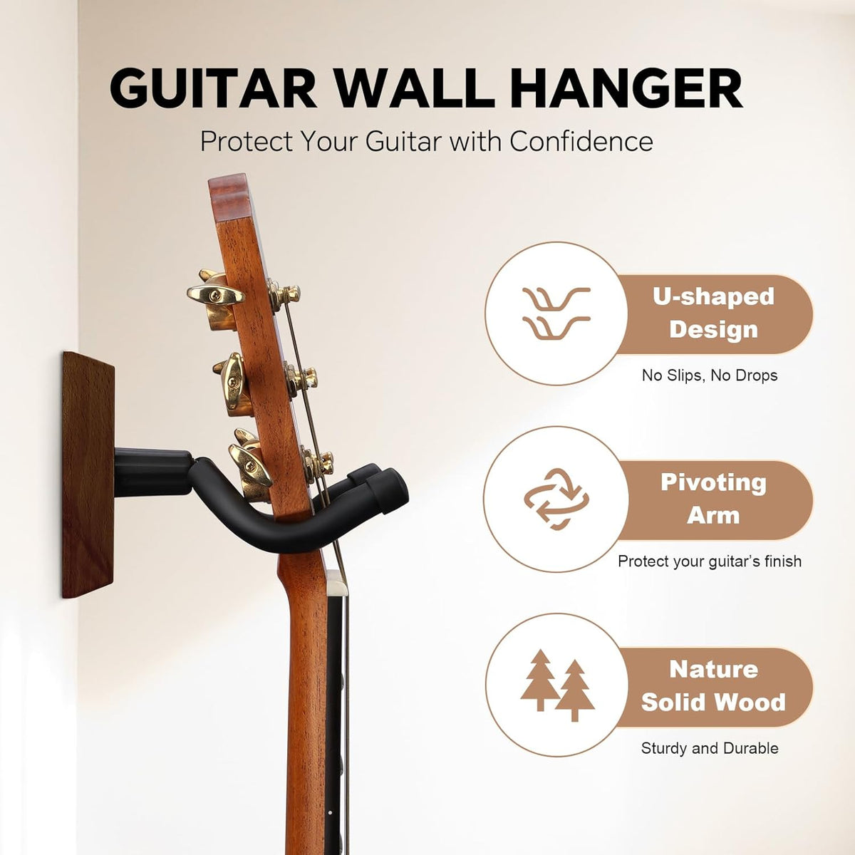 Guitar Wall Mount - Solid Beech Wood Guitar Hanger with 5pcs Picks for Acoustic, Electric, Bass, Banjo - photo 2