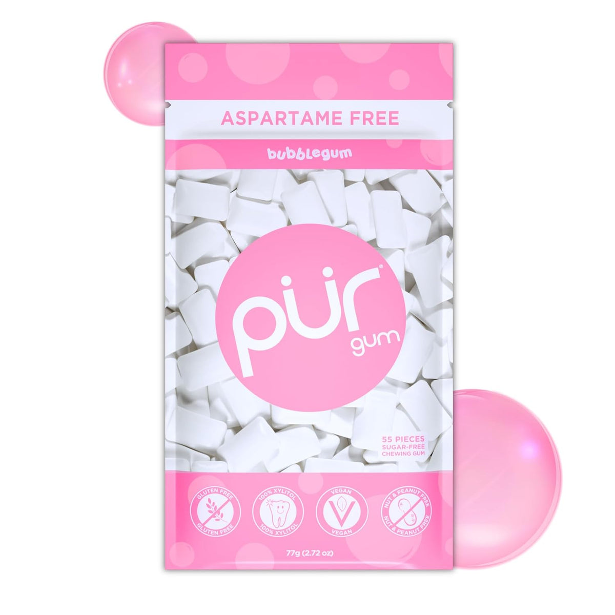 Gum | Aspartame Free Chewing Gum | 100% Xylitol | Natural Bubblegum Flavored Gum, 55 Pieces (Pack of 1)