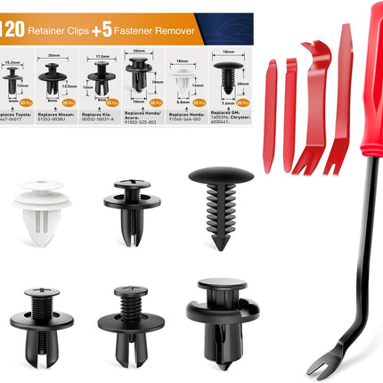 GOOACC 120PCS Car Bumper Push Retainer Clips & Nylon Fasteners Rivet Kit 6mm 7.6mm 8mm 8.8mm 10mm Door Trim Panel Clips, 5PC Fastener Remover