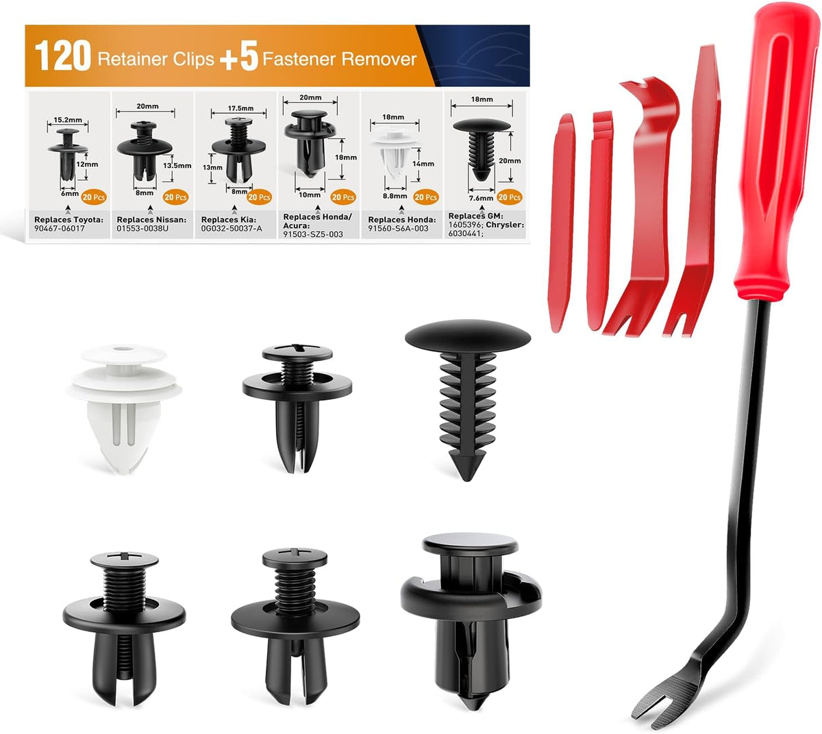 120PCS Car Bumper Push Retainer Clips & Nylon Fasteners Rivet Kit 6mm 7.6mm 8mm 8.8mm 10mm Door Trim Panel Clips, 5PC