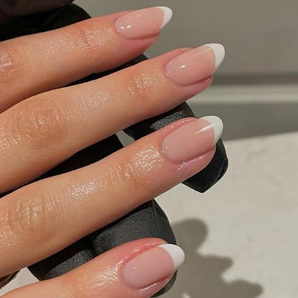 modelones French Tip Press On Nails, Short Oval Fake Nails Press Ons with Nail Glue, Adhesive Tabs, Nail File, Prep Pad, Manicure Stick, 32Pcs 16 Sizes, Nude, Spring Women Girl Gift