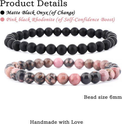 2-Piece 6mm Natural Crystal Gemstone Stretch Bracelets - Pink Black Rhodonite and Matte Black Agate - photo 2