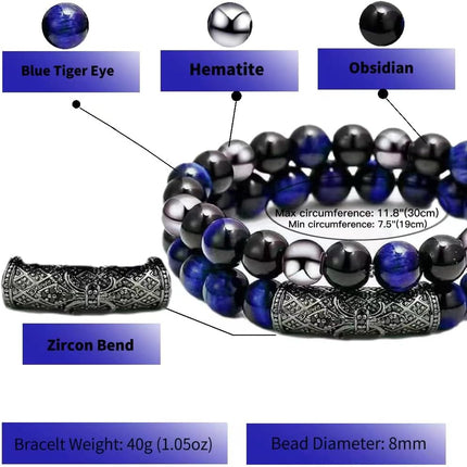 2Pcs Triple Protection Bracelet,Natural Tigers Eye Black Obsidian and Hematite 8 MM Beads Bracelet for Men Women Gift, Healing Crystal Bracelet Bring Luck and Prosperity and Happiness