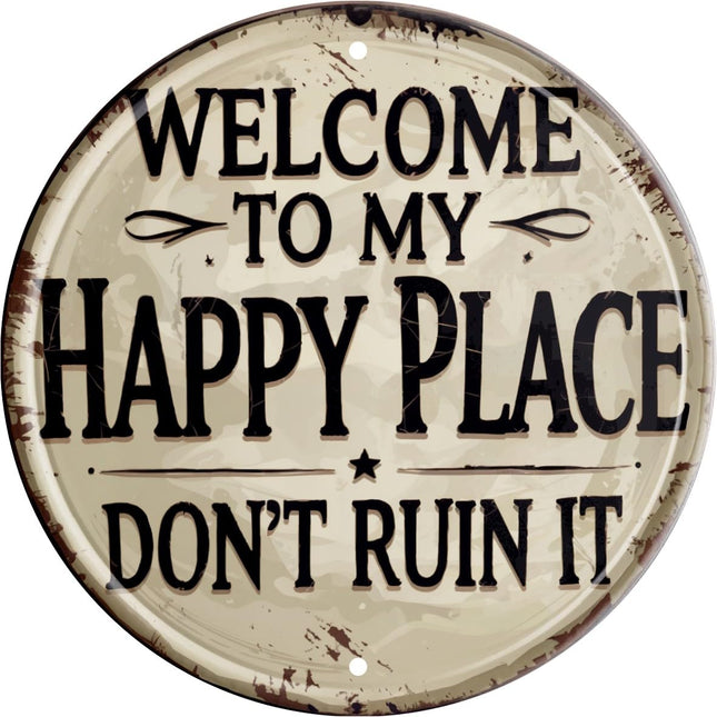 Welcome Sign for Front Door Round Metal Welcome to My Happy Place Plaque