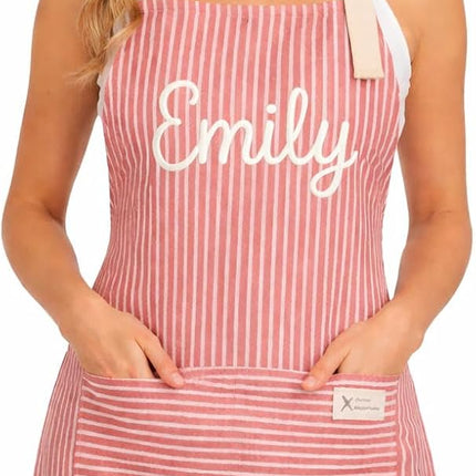 Personalized Mother's Day Apron, Custom Name Embroidered Apron for Women and Kids, Handmade Crochet Striped Kitchen Cooking Apron with Pocket, Unique Gift for Grandma Mom from Daughter Son