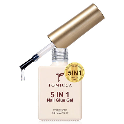 TOMICCA 5 in 1 Brush On Nail Glue Gel for Nail Tips and Press On Nails, 15ml Long‑Lasting UV Nail Adhesive for Nail Extension, Stronger Nail Glue for Spring Nail Art