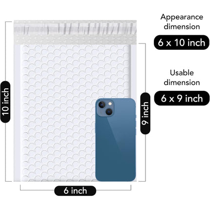 Bubble Mailers 6x10" 100 Pack White Padded Envelopes Usable Size 6x9