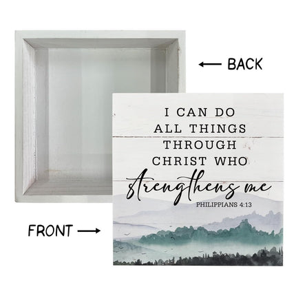 Christian Wood Signs, Bible Verse Philippians 4:13 - I Can Do All Things Through Christ Who Strengthens Me, Box Sign Decor Tabletop, Inspirational Home Desk Decor, Motivational Gift for Friends Family