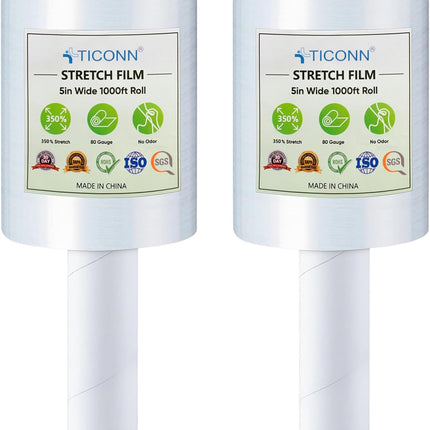 TICONN 2Pk Stretch Wrap Stretch Film Roll, 1000ft Industrial Strength 5 inch Wide Clear Plastic Wrap with Handles for Pallet Wrapping Shipping Moving