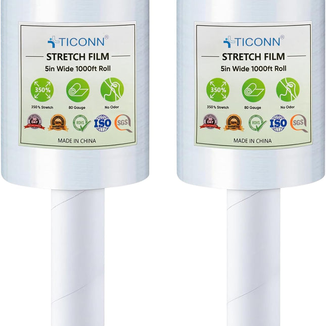 2Pk Stretch Wrap Stretch Film Roll, 1000ft Industrial Strength 5 inch Wide Clear Plastic Wrap with Handles for Pallet