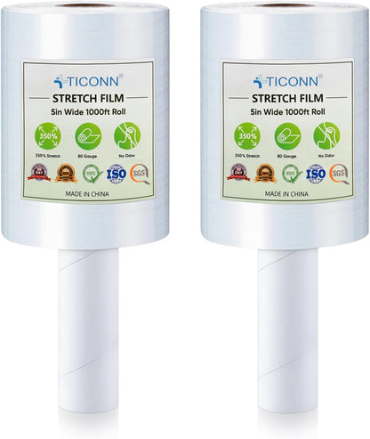 2Pk Stretch Wrap Stretch Film Roll, 1000ft Industrial Strength 5 inch Wide Clear Plastic Wrap with Handles for Pallet