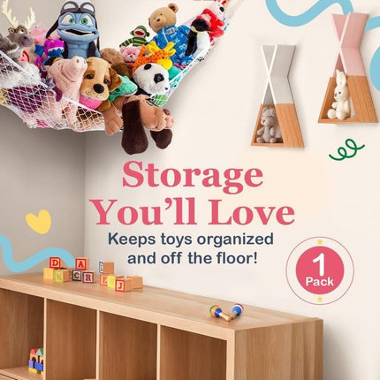 Lilly's Love Large Stuffed Animal Hammock | Corner Hanging Organizer, Stuffed Animal Storage | Easy to Hang Plushie Net w/Included Anchors & Hooks | Cute Room & Bedroom Decor (Black)