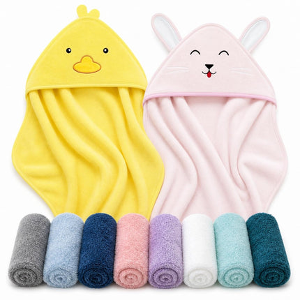 2 Pack Hooded Baby Towel Rayon Made from Bamboo and 8 Washcloths - Lovely Elephant, Happy Bird
