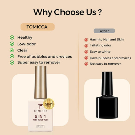 TOMICCA 5 in 1 Brush On Nail Glue Gel for Nail Tips and Press On Nails, 15ml Long‑Lasting UV Nail Adhesive for Nail Extension, Stronger Nail Glue for Spring Nail Art