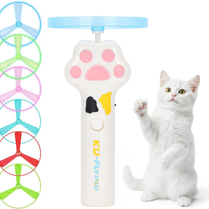 Cat Chase Fetch Toy - Rechargeable Disc Launcher with 6 Flying Spinners - Best Interactive Pet Hunting Toys for Indoor Outdoor Yard Cats Dog (White)