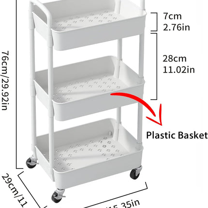 Sywhitta 3-Tier Plastic Rolling Utility Cart with Handle, Multi-Functional Storage Trolley for Office, Living Room, Kitchen, Movable Storage Organizer with Wheels, White