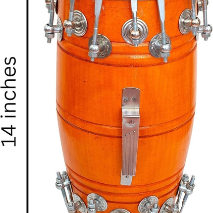14 Inch Medium Handmade Wooden & Leather Classical Indian Folk Tabla Dholak Drum Set With Adjustable 28 Bolts & Tuning Spanner, Hand Percussion World Musical Instruments For Musicians Punjabi Dholki