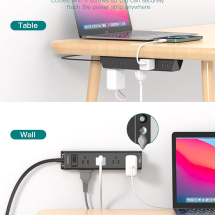 Extension Cord Flat Wall Plug - Surge Protector Power Strip with 12 Outlets, 5ft, Outlet Extender with Multiple Outlets, Wall Mount, Desk Charging Station for Home Office Dorm Room Essentials, Black