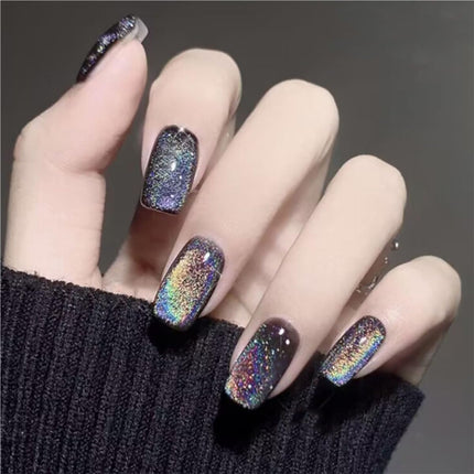 evpct Black Chrome Metallic Cat Eye Press on Nails Medium Square No Glue, Stick on Nails Medium Square for Women, Black Metallic Nail press ons, Iridescent Glitter Halloween Acrylic Fake Press on Nail