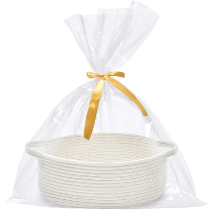 Optish Woven Basket, Gift Empty Basket with Bags and Ribbons, 13.5"x11"x5" Burr Rope Basket for Baby Shower, Durable Storage Basket with Handles for Nursery, Shelves, Toys, White