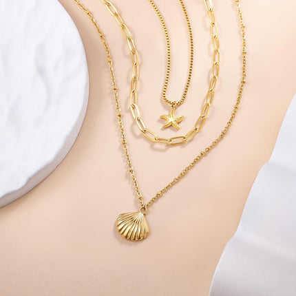 Shell Necklace for Women, 14k Gold Layered Starfish SeaShell Pendant Charm Necklace Dainty Non Tarnish Waterproof Adjustable Silver Choker Paperclip Necklaces Stack Jewelry for Summer Beach Vacation