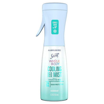 Secret Cooling Aluminum Free Whole Body Deodorant Mist for Women, 24hr Odor Protection, Instant Cooling Relief, Soothes & Revitalizes Skin, PH Balanced Formula, Invigorating Mint Scent, 5.2 fl oz