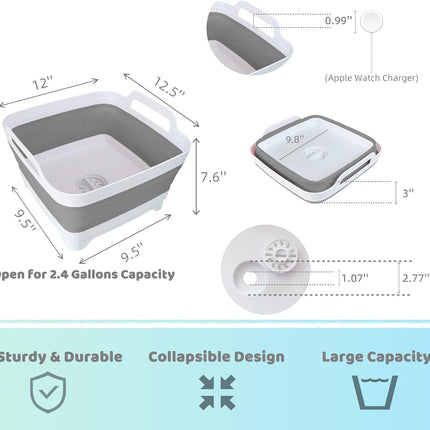 GIMWA Collapsible Wash Basin with Drain Plug - 2.4 Gallon Foldable Kitchen Sink for Baby Bottles, RV Camping, Space-Saving Dish Tub (Gray)