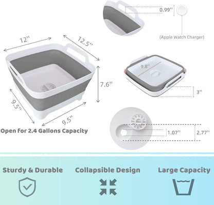 Collapsible Wash Basin with Drain Plug - 2.4 Gallon Foldable Kitchen Sink for Baby Bottles, RV Camping - photo 2