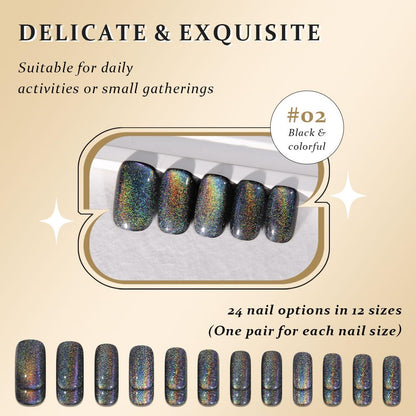Black Chrome Metallic Cat Eye Press on Nails Medium Square No Glue - photo 5
