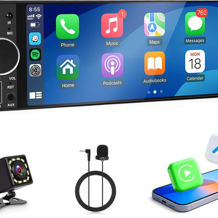 Single Din Radio for Car - Supports Apple Carplay & Android Auto，6.28 inch Single Din Touchscreen Radio with Bluetooth，Backup Camera，Enhanced Mic，USB ，SWC ，RCA，EQ，FM (Black)