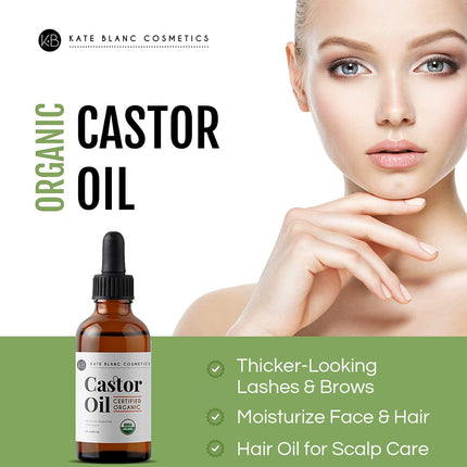 Castor Oil Organic for Hair, Lashes, Face (2oz), 100% Pure, Cold Pressed, Hexane Free Hair Oil. Lash Serum for Thicker-Looking Eyelashes & Eyebrows
