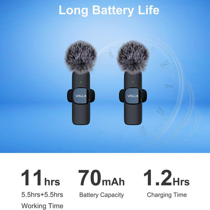 Vislla Mini Microphone for iPhone & Android,11H Battery, Noise Cancelling Wireless Lavalier Mic, Clip On Lapel Mic Pro for Content Creator Vlogging/YouTube/Tiktok/Video Recording/Streaming/Interview