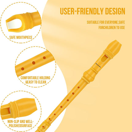 Recorder Instrument for Kids Toddler Beginners Students German Style C Key Soprano Recorder Instrument 8 Holes 3 Piece ABS Descant Recorders with Cleaning Kit, Packing Bag (Yellow)