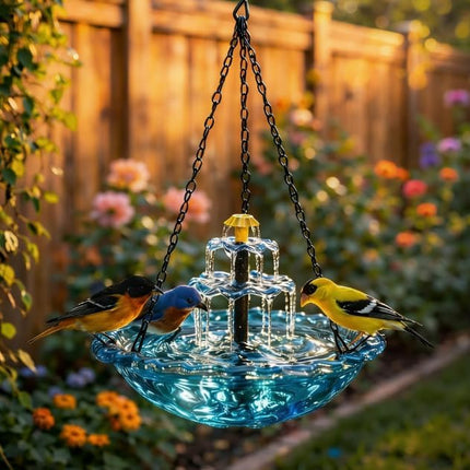 Solar Powered Hanging Bird Bath Fountain, All-Weather Cascading Water Fountain with Spill-Resistant Basin, Outdoor Garden Decor for Hummingbirds, Patio Backyard Lawn Decoration
