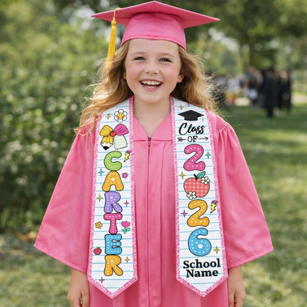 Personalized Kids Graduation Stole 2026 with Name & School – Custom Preschool Kindergarten Grad Sash, 3 Fun Styles, 16 Glitter Edge Colors, Class of 2026 Stole for Pre-K Elementary Boys Girls