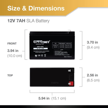 ExpertPower 12V 7Ah - SLA Rechargeable 12V Battery for Ride-On Toys, Alarm System, UPS, EPS, Feeder, Exit Sign, Small 12 Volt Battery for Kids Car, Sealed Lead Acid Fire Alarm Batteries