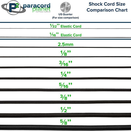 Paracord Planet Elastic Bungee Nylon Shock Cord 2.5mm 1/32", 1/16", 3/16", 5/16", 1/8”, 3/8", 5/8", 1/4", 1/2 inch Crafting Stretch String 10 25 50 & 100 Foot Lengths Made in USA