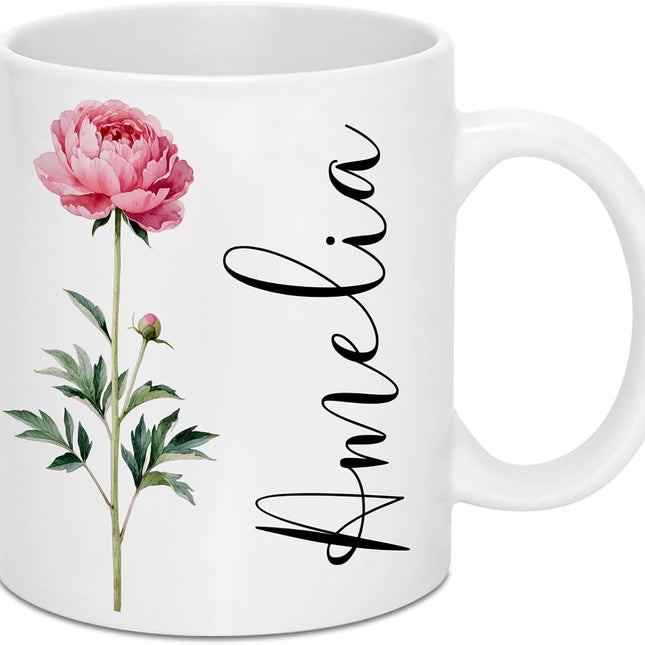 Coffee Mug with Birth Flower & Name - 11oz Large Ceramic Personalized Coffee