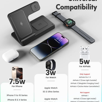 Wireless Charger iPhone Charging Station: 3 in 1 Charger Stand Multiple Devices for Apple - iPhone 17 16e 16 15 14 Pro Max 13 12 11 - Watch 11 10 9 8 7 6 5 4 3 2 SE and Ultra Series - Airpods 4 3 Pro